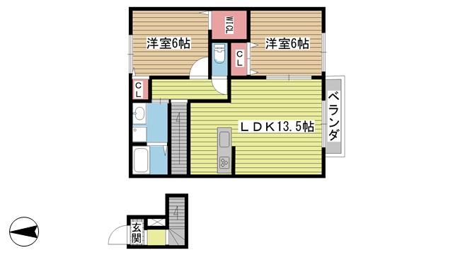 フレッツァ神戸山田B棟(2LDK/2階)の間取り写真