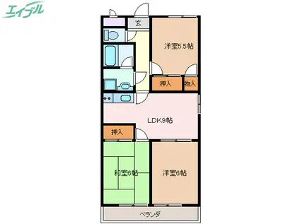 ファミール西浜田 南館(3DK/1階)の間取り写真