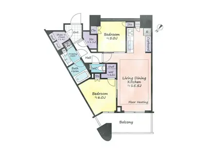 勝どき タワーマンション 高層階 眺望良好(2LDK/46階)の間取り写真