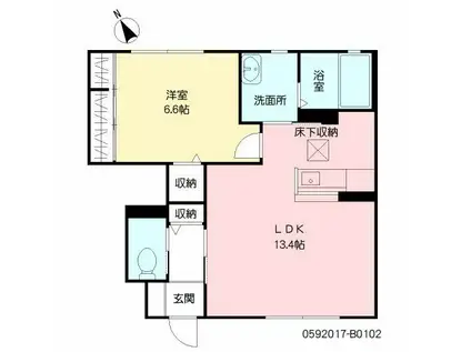 ティファーノ西大道 B棟(1LDK/1階)の間取り写真