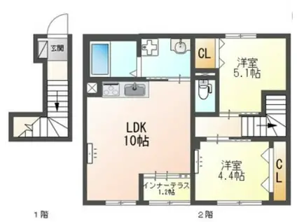 尼崎市立花町2丁目アパート(2LDK/1階)の間取り写真