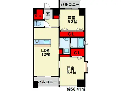 プレミアJONO(2LDK/12階)の間取り写真