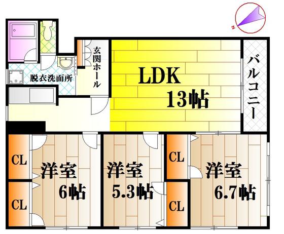 ソシアB館(3LDK/3階)の間取り写真