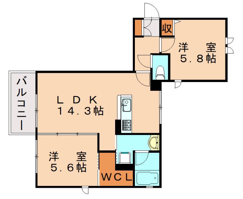アジュール津屋崎(2LDK/2階)の間取り写真