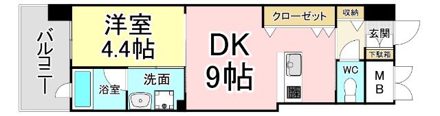 オーヴィジョンQULAS小倉金田(1DK/12階)の間取り写真