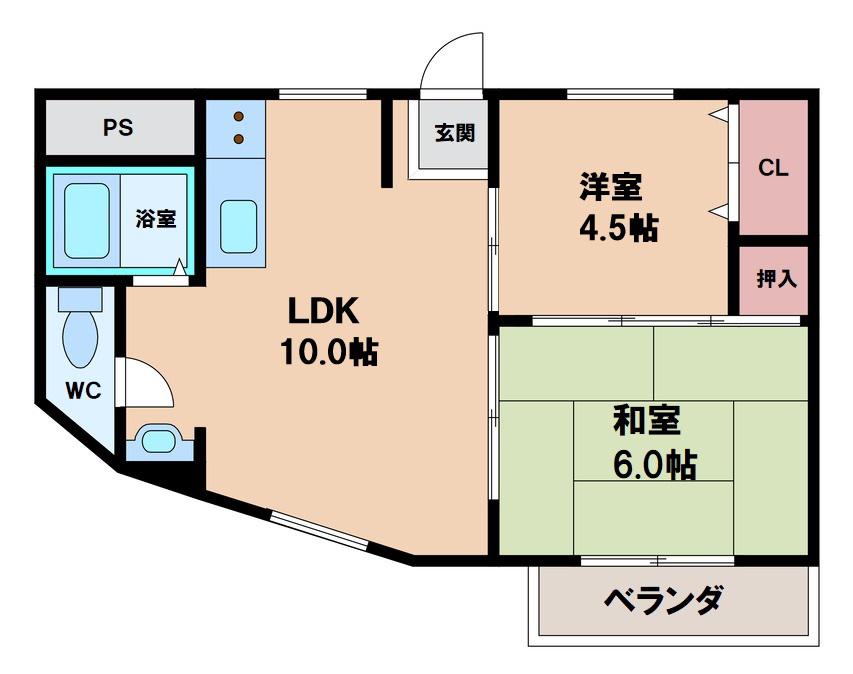 シャトー北畠(1LDK/2階)の間取り写真