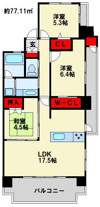 ライブスクエア小倉駅オーシャンテラス(3LDK/5階)の間取り写真
