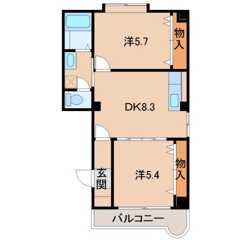パークピア吉田(2DK/2階)の間取り写真