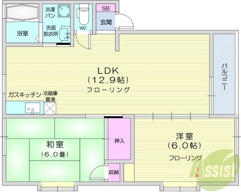 エーワンハウス(2LDK/1階)の間取り写真