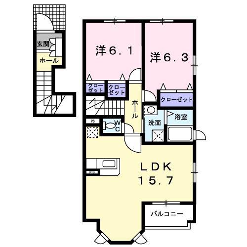EXCELCOURT東小羽山B(2LDK/2階)の間取り写真