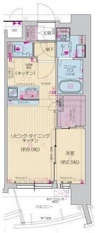 プレサンス江坂ベルフィーヌ(1LDK/9階)の間取り写真