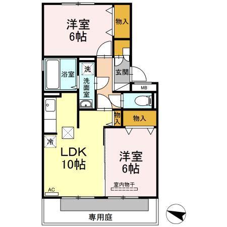 ロイヤルガーデン小佐世保C棟(2LDK/1階)の間取り写真