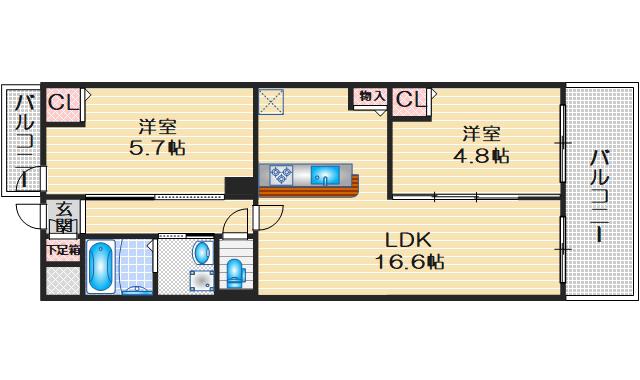 ガルデン穂波(2LDK/3階)の間取り写真