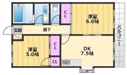 フルールB(2DK/2階)の間取り写真