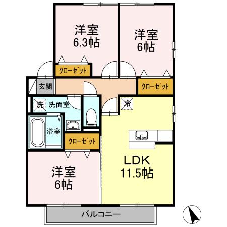 リビングタウン岩国F(3LDK/2階)の間取り写真