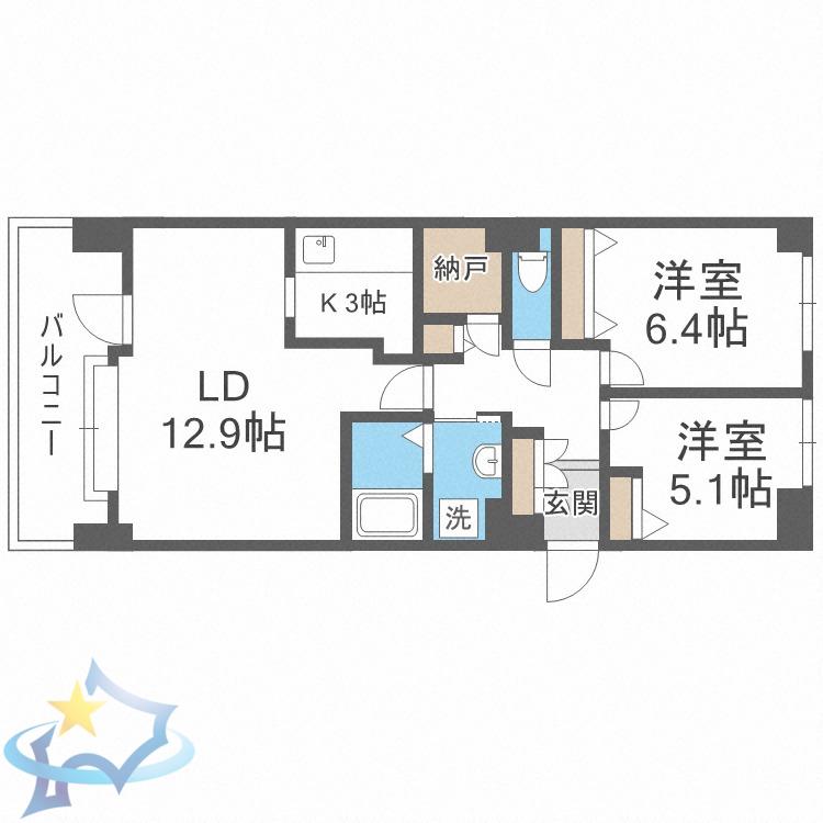 オリエンタルコート大友(2LDK/8階)の間取り写真