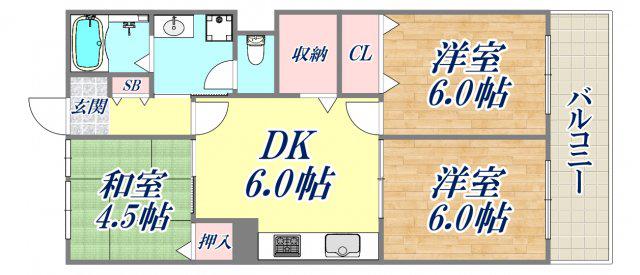 ビレッジハウス港島タワー(3DK/6階)の間取り写真
