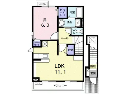 カサ・デル・ソルC(1LDK/2階)の間取り写真