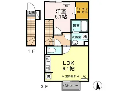 サンジュエル一本木(1LDK/2階)の間取り写真