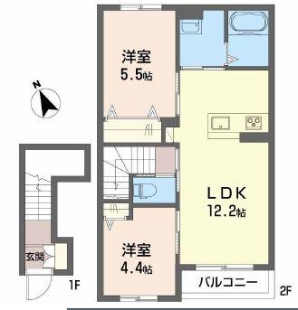 JR加古川線 社町駅 バス乗車時間:36分 最寄りバス停で下車 徒歩5分 2階建 築1年(2LDK/2階)の間取り写真