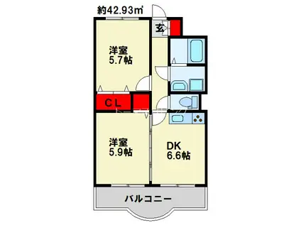 ニューシティアパートメンツ南小倉I(2DK/9階)の間取り写真