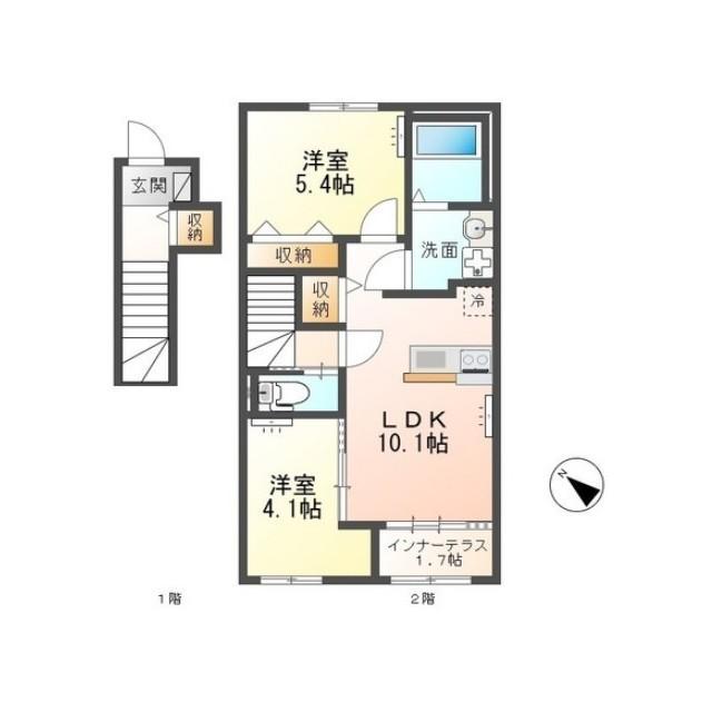 つくば市大角豆アパート(2LDK/2階)の間取り写真