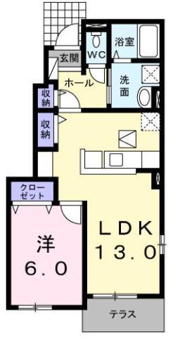 プリムローズ南浜C(1LDK/1階)の間取り写真