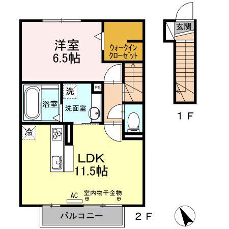 ジーウィズダム A棟(1LDK/2階)の間取り写真