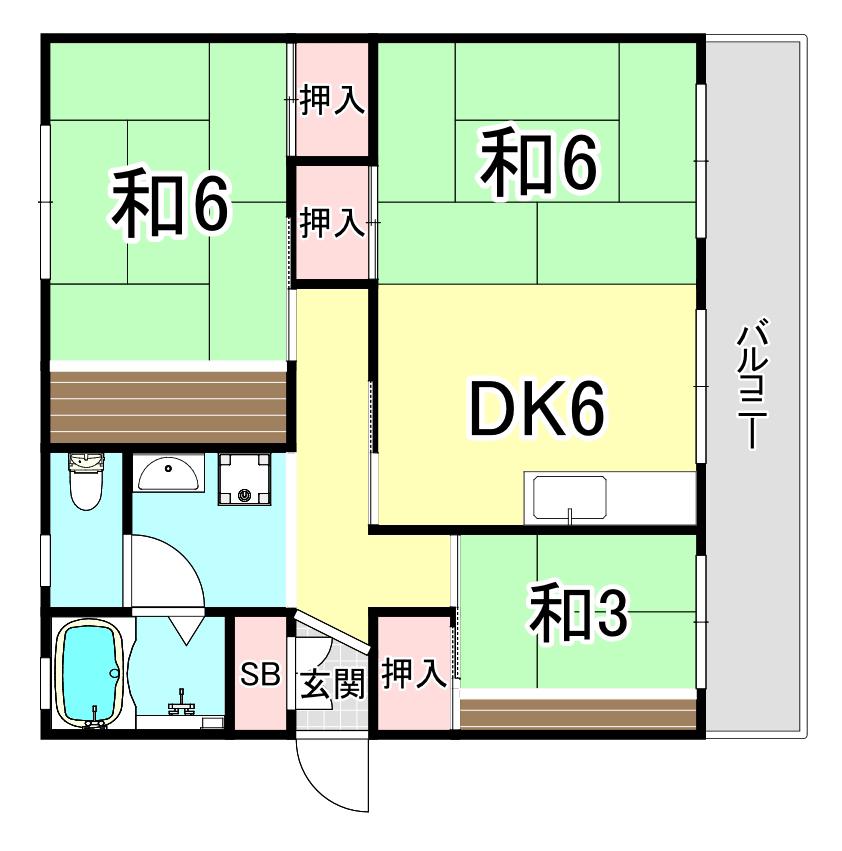 新多聞第2115号棟(3DK/5階)の間取り写真