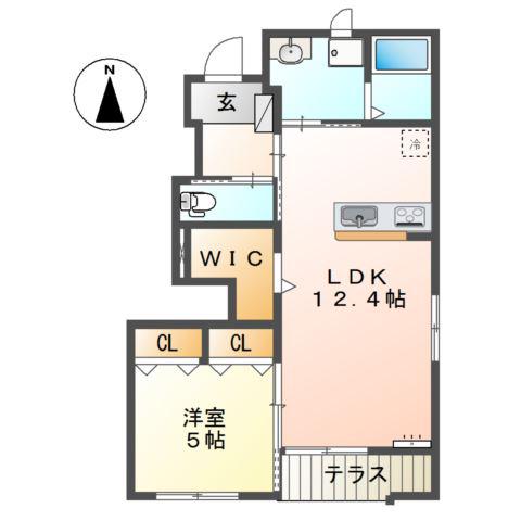クレッセント若林B(1LDK/1階)の間取り写真