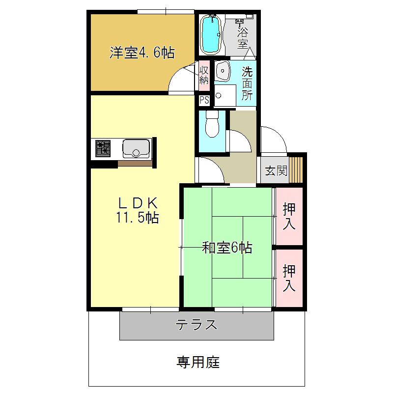 グランブルー B棟(2LDK/1階)の間取り写真