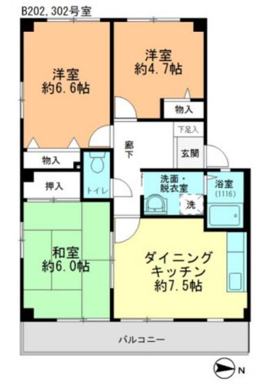 パークファイブ B棟(3DK/2階)の間取り写真