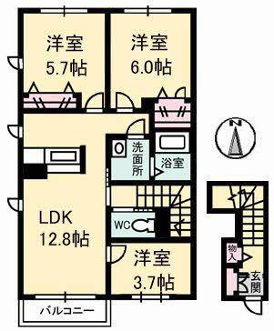 シャーメゾンTOWN福山北 B棟(3LDK/2階)の間取り写真