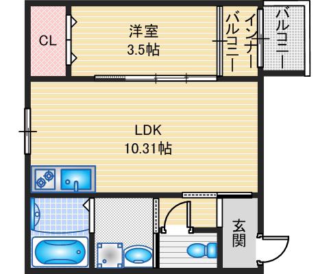 レーヴ茨木元町(1LDK/2階)の間取り写真