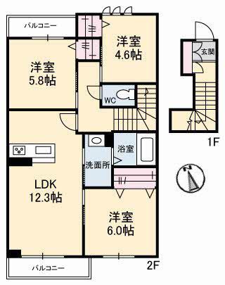 フェリーチェガーデン B棟(3LDK/2階)の間取り写真