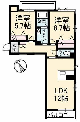 グランベレオ橘(2LDK/2階)の間取り写真