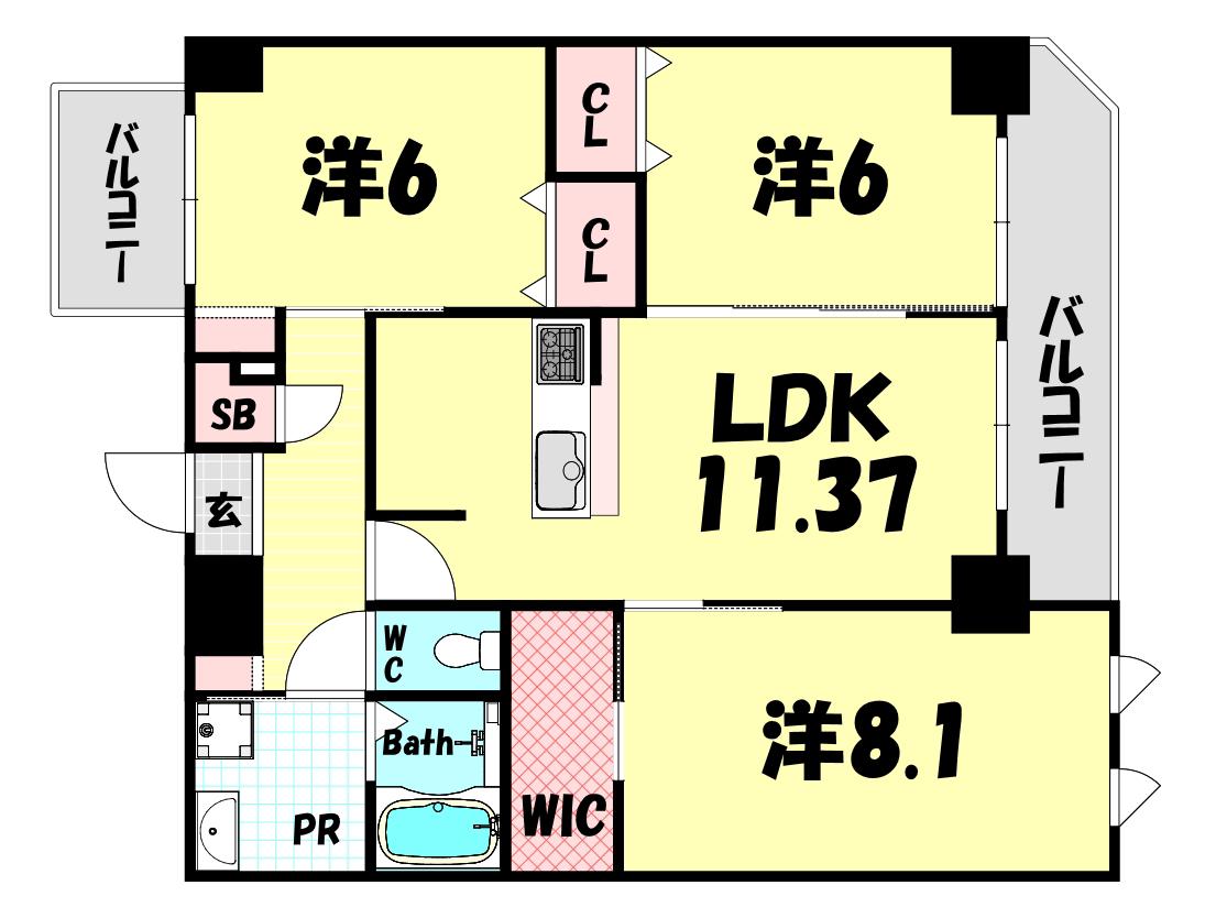 グルーブARIAトアロード(3LDK/12階)の間取り写真
