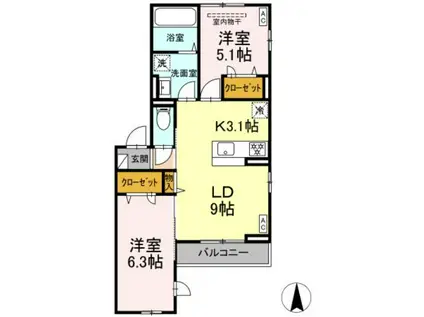 ルリアン小田原(2LDK/3階)の間取り写真