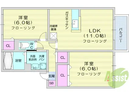 セジュールB棟(2LDK/2階)の間取り写真