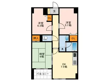 グリュンエルデみはら(3DK/1階)の間取り写真