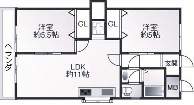 ラムール星陵台(2LDK/3階)の間取り写真