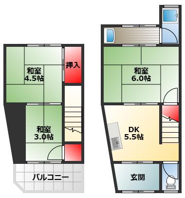 春木旭町テラスハウス(3DK/1階)の間取り写真