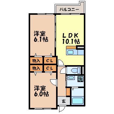 長崎県西彼杵郡時津町 3階建 築22年(2LDK/1階)の間取り写真