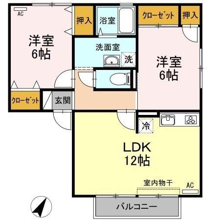 ハイカムール田中 B棟(2LDK/2階)の間取り写真