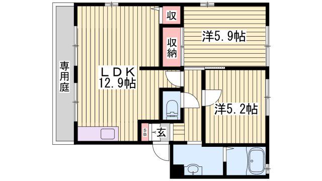 スカイヴィレッジ K棟(2LDK/1階)の間取り写真