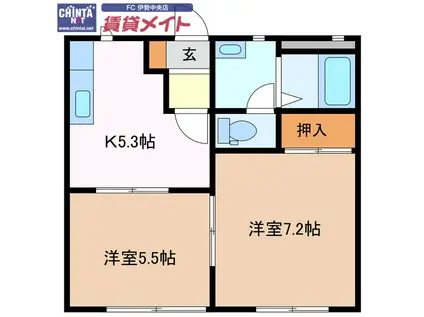 コーポアリスB(2K/1階)の間取り写真