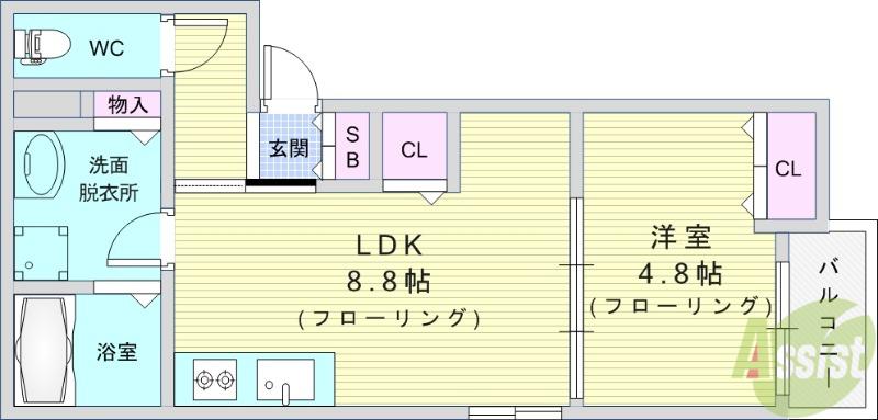 ベリッシモ蛍池(1LDK/1階)の間取り写真