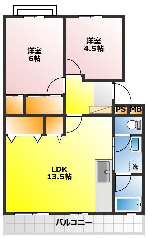 オークヒル(2LDK/2階)の間取り写真
