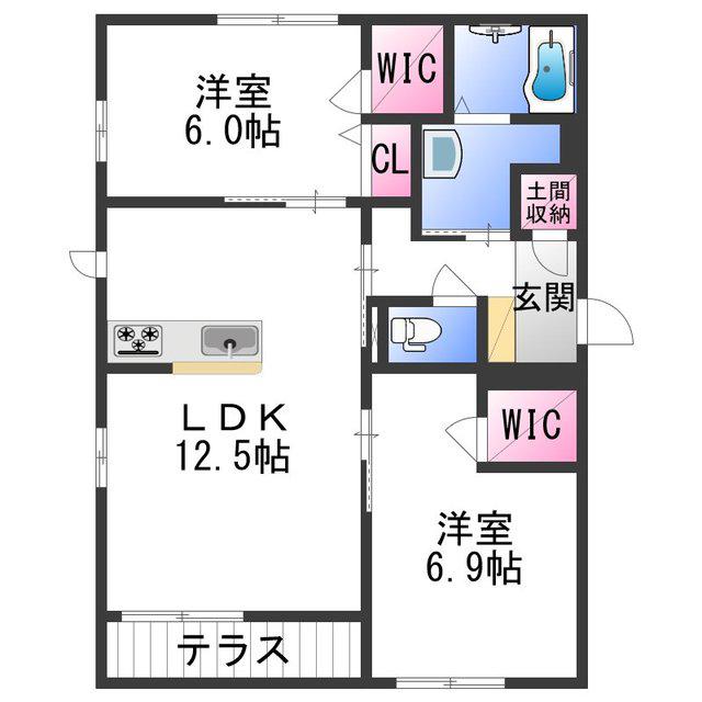 ベレオ クシモト B(2LDK/1階)の間取り写真