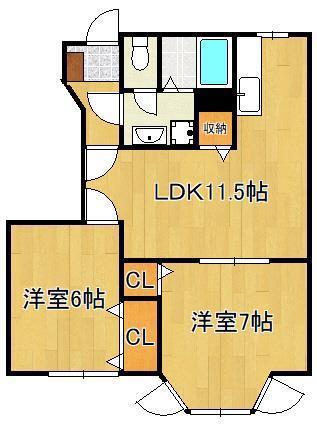 カーサ徳光B(2LDK/1階)の間取り写真